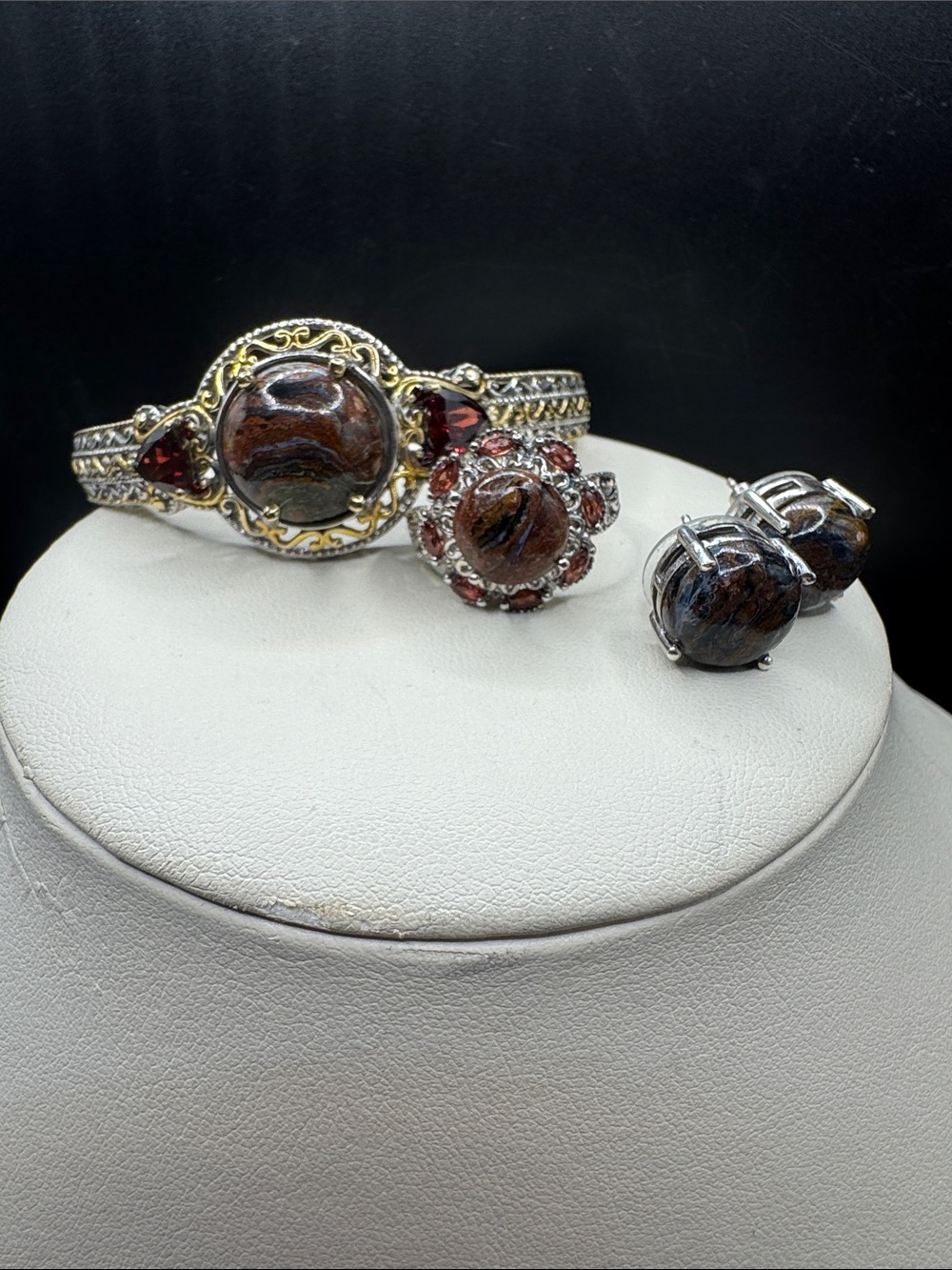 Sterling and Platinum Bond Brown Pietersite Jewelry Set with Garnet Accents sz 7